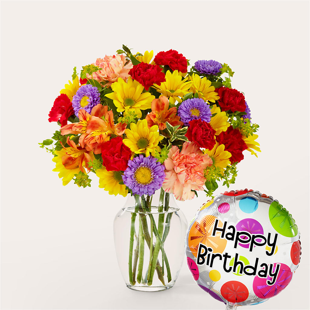 Kaleidoscope Bouquet with Birthday Balloon – The Owls Nest Florist, York SC
