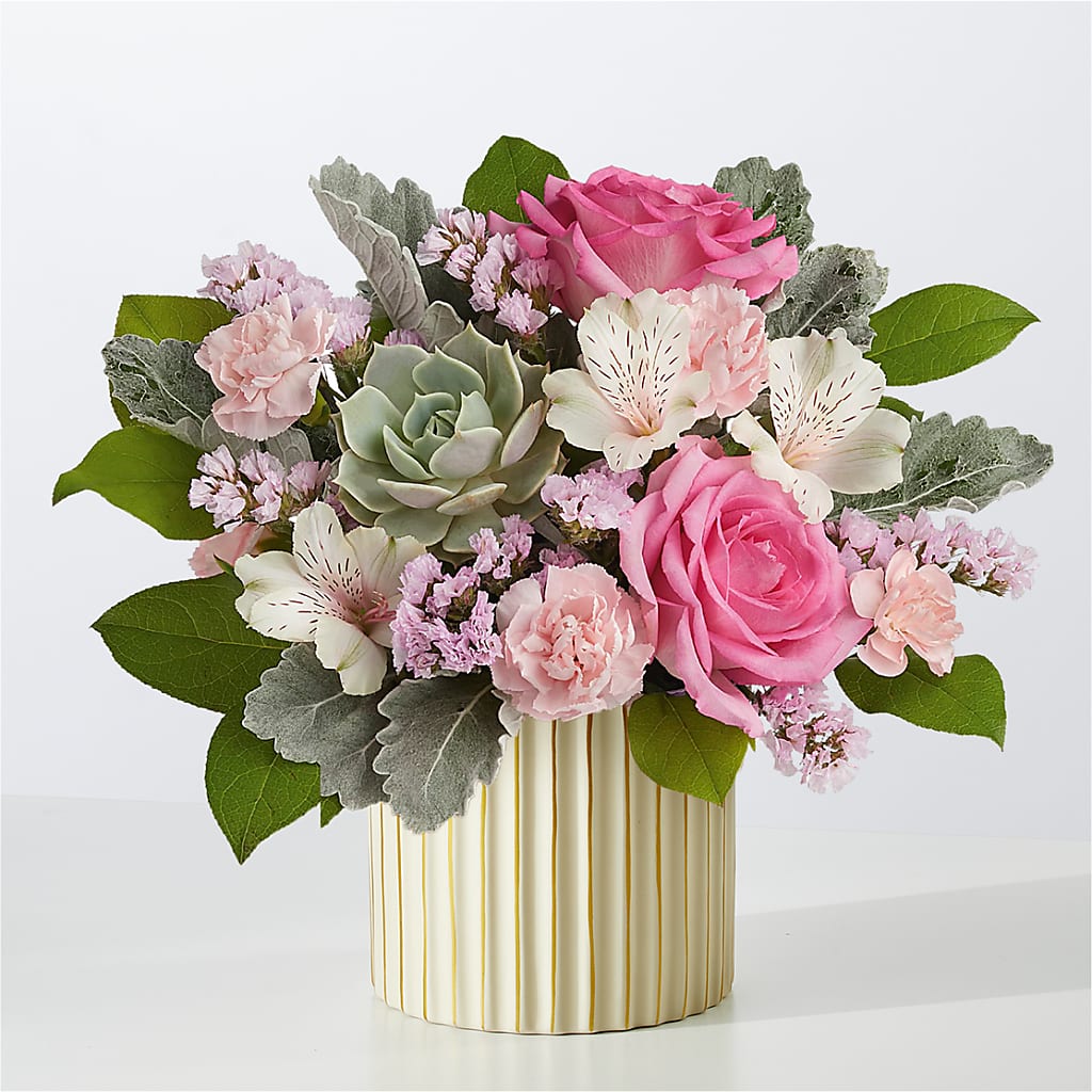 Dusty Rose Bouquet with Ivory Vase – The Owls Nest Florist, York SC