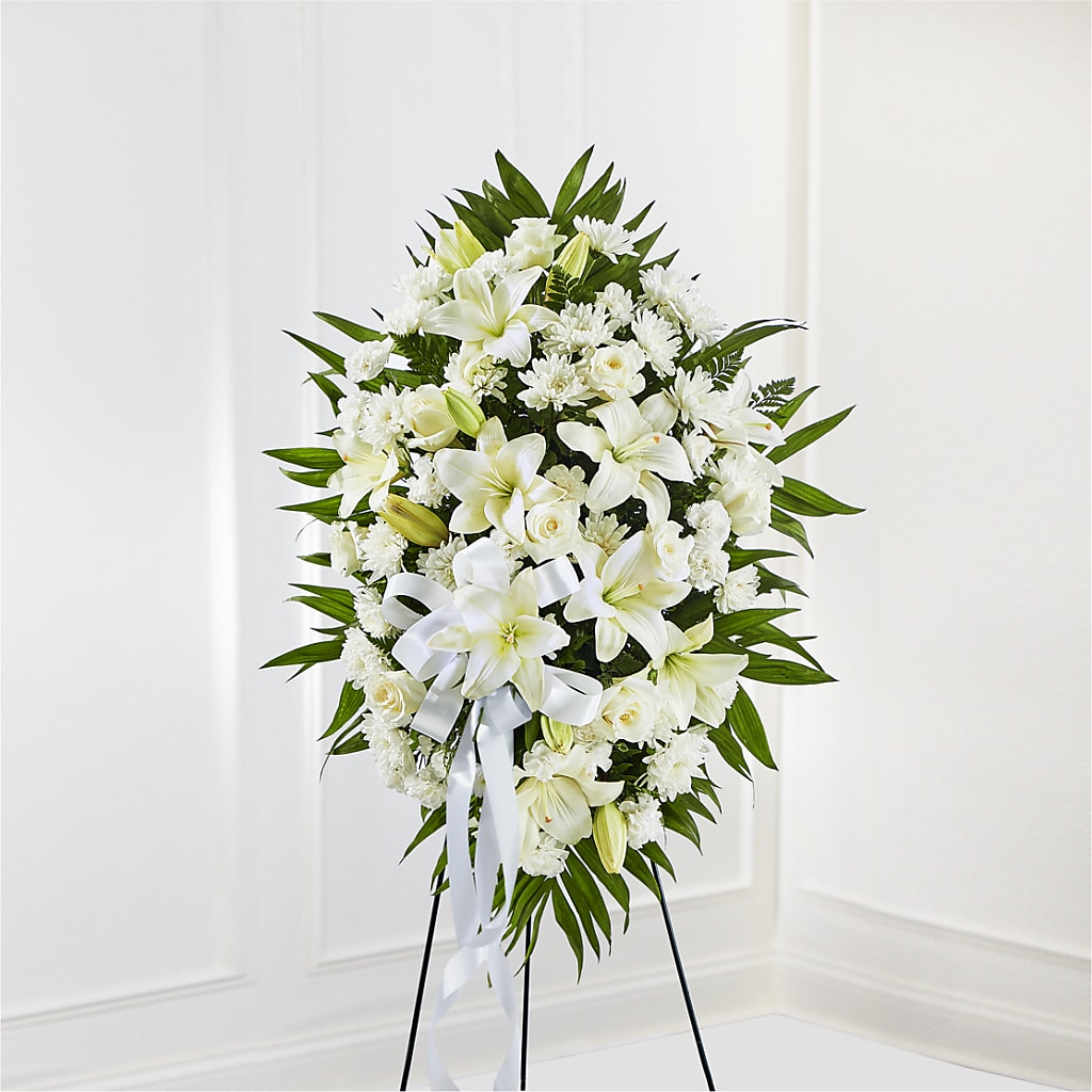 Exquisite Tribute Standing Spray-White Ribbon – The Owls Nest Florist, York SC
