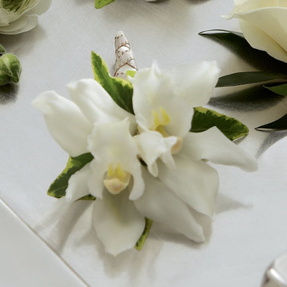 White Mini Cymbidium Boutonniere –  The Owls Nest Florist, York SC